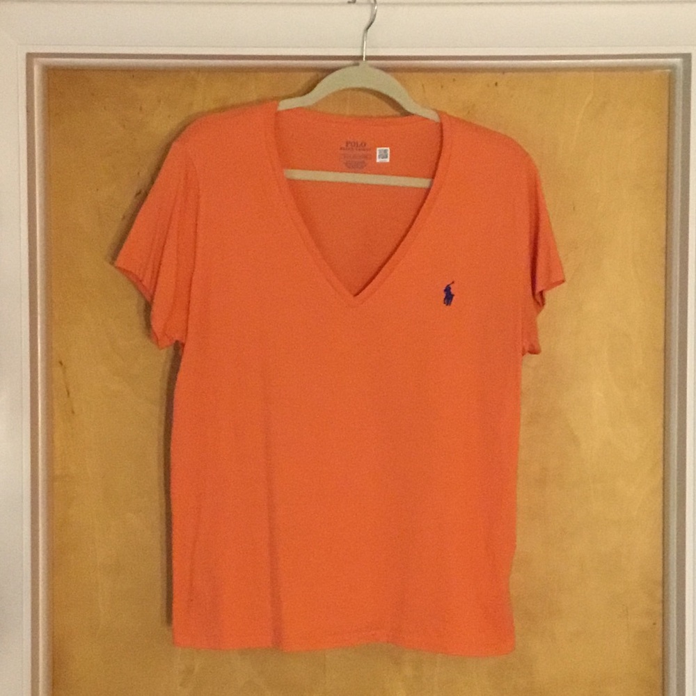 Ralph Lauren Orange V-Neck Short Sleeve Polo Tee with Blue Logo
